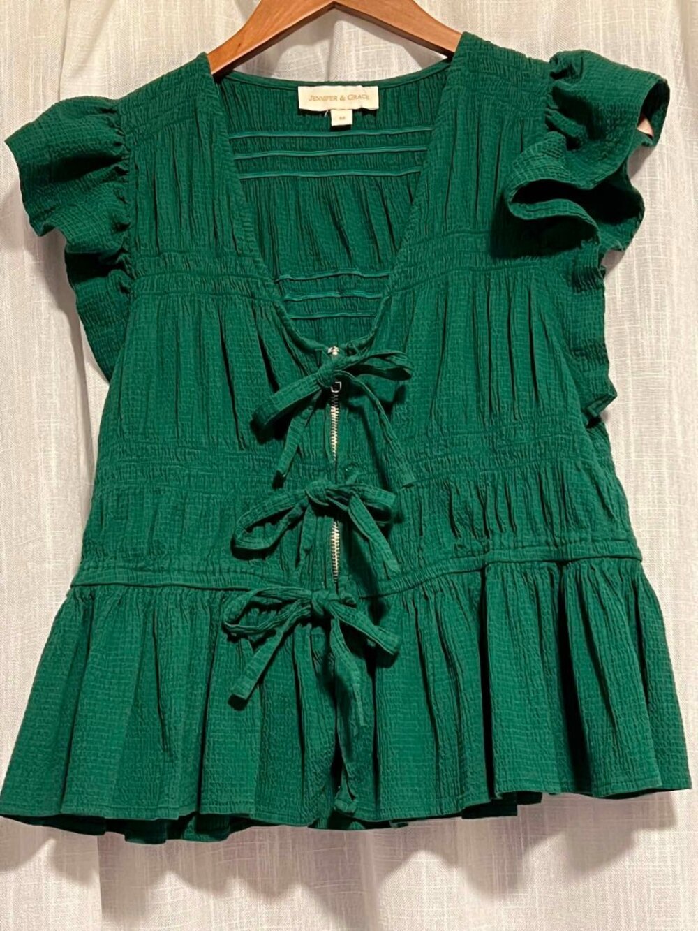 Jennifer & Grace Tie/Zip Front Ruffle Sleeve Top Emerald Green Size M